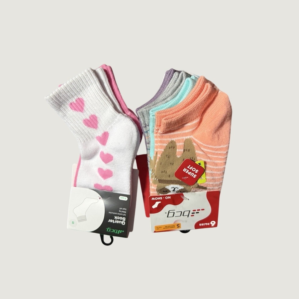 BCG Girls Socks Lot Small 8 Pairs No Show Quarter Cute Animals Hearts